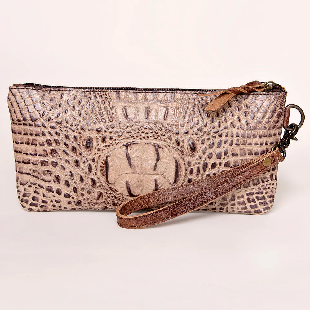 Crocodile embossed genuine cowhide leather wristlet