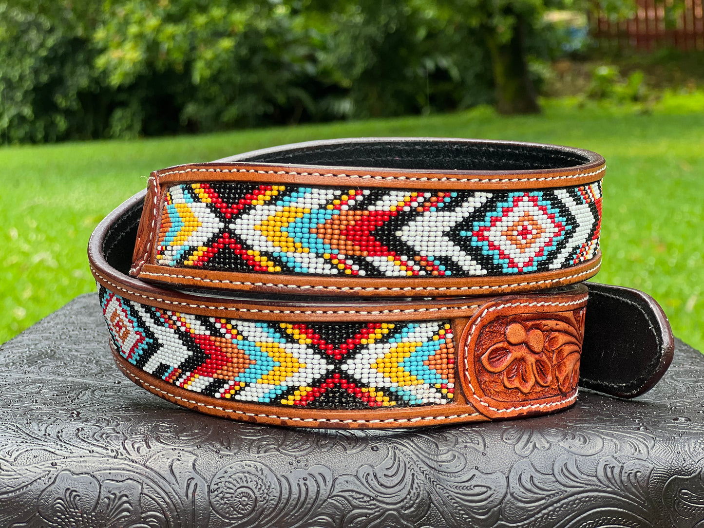 Leather Hand tooled beaded belt