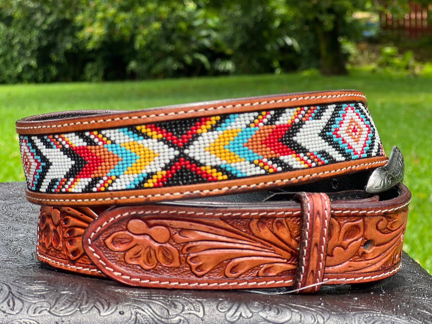 Leather Hand tooled beaded belt