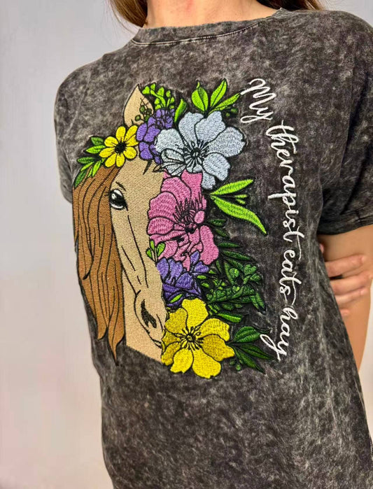 MK417 Horse Therapy Embroidered Acid Washed Dress: Charcoal / M