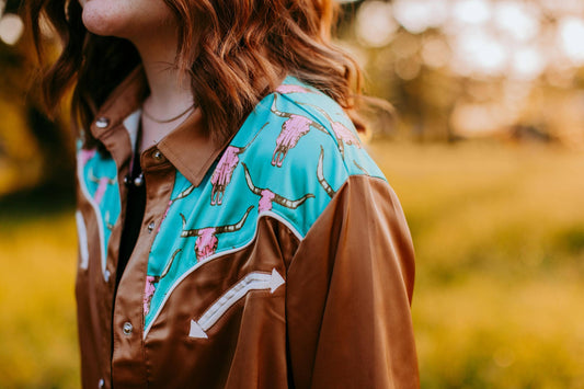 MK435 Cow Head LS Button Up Shirt: Brown / M