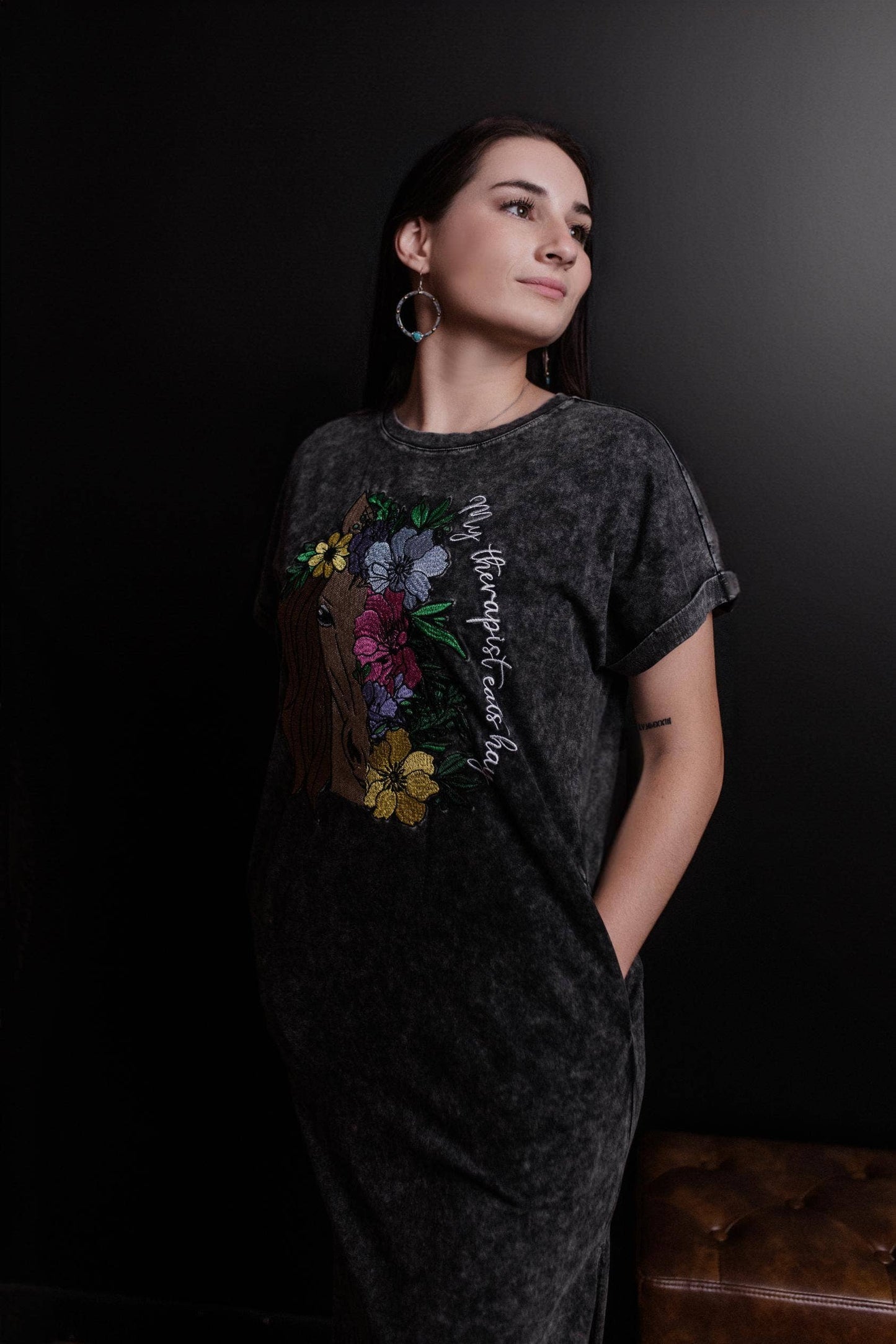 MK417 Horse Therapy Embroidered Acid Washed Dress: Charcoal / 1XL