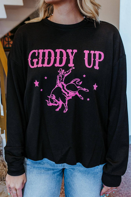 MK308  Giddy Up Flocking Cropped Light Weight Sweatshirt: Black / L