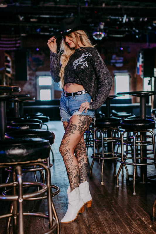 MK449 Acid washed Embroidery Studded LS Crop Sweatshirt : Black / M