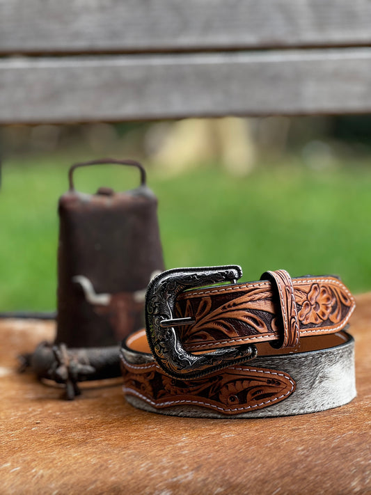 COWHIDE HAND TOOLED AD BELT