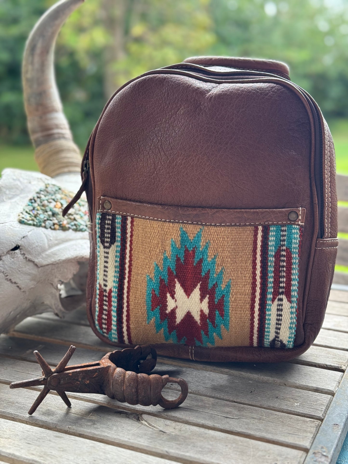 Leather Backpack with Woven saddle bag