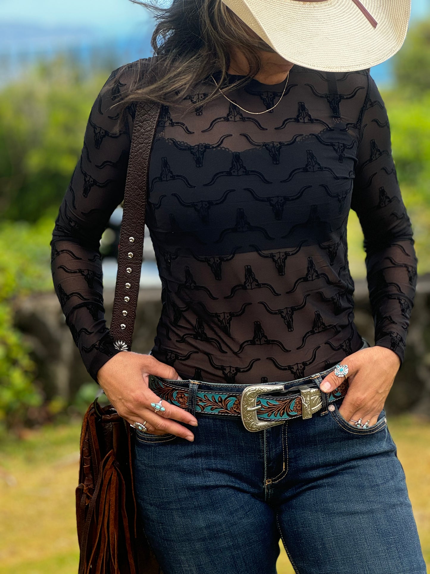 Cow Skull Western Mesh Top