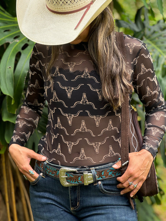 Printed Long Horn Mesh Top