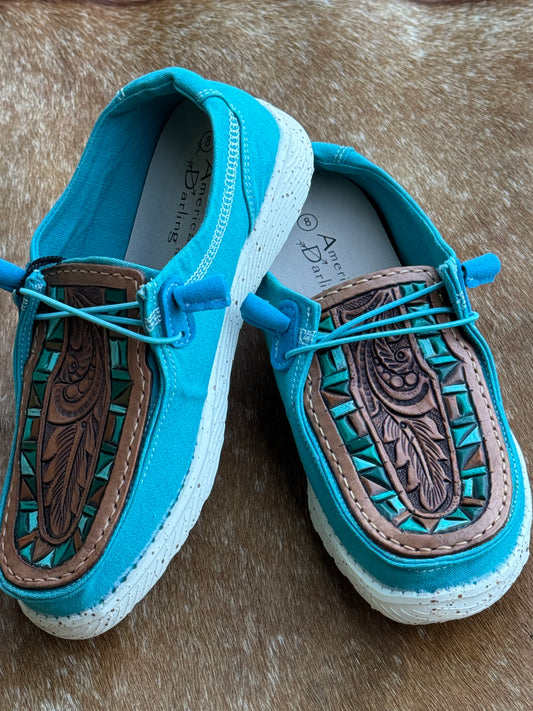 Hand tooled Footwear Turquoise Color