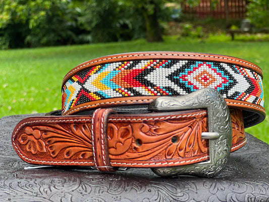 Leather Hand tooled beaded belt