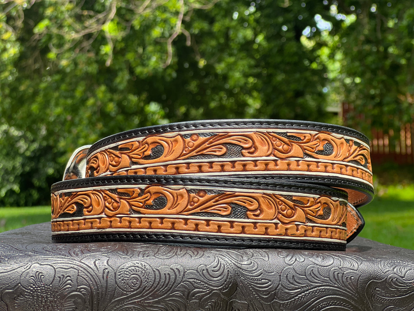 Leather Hand tooled with black