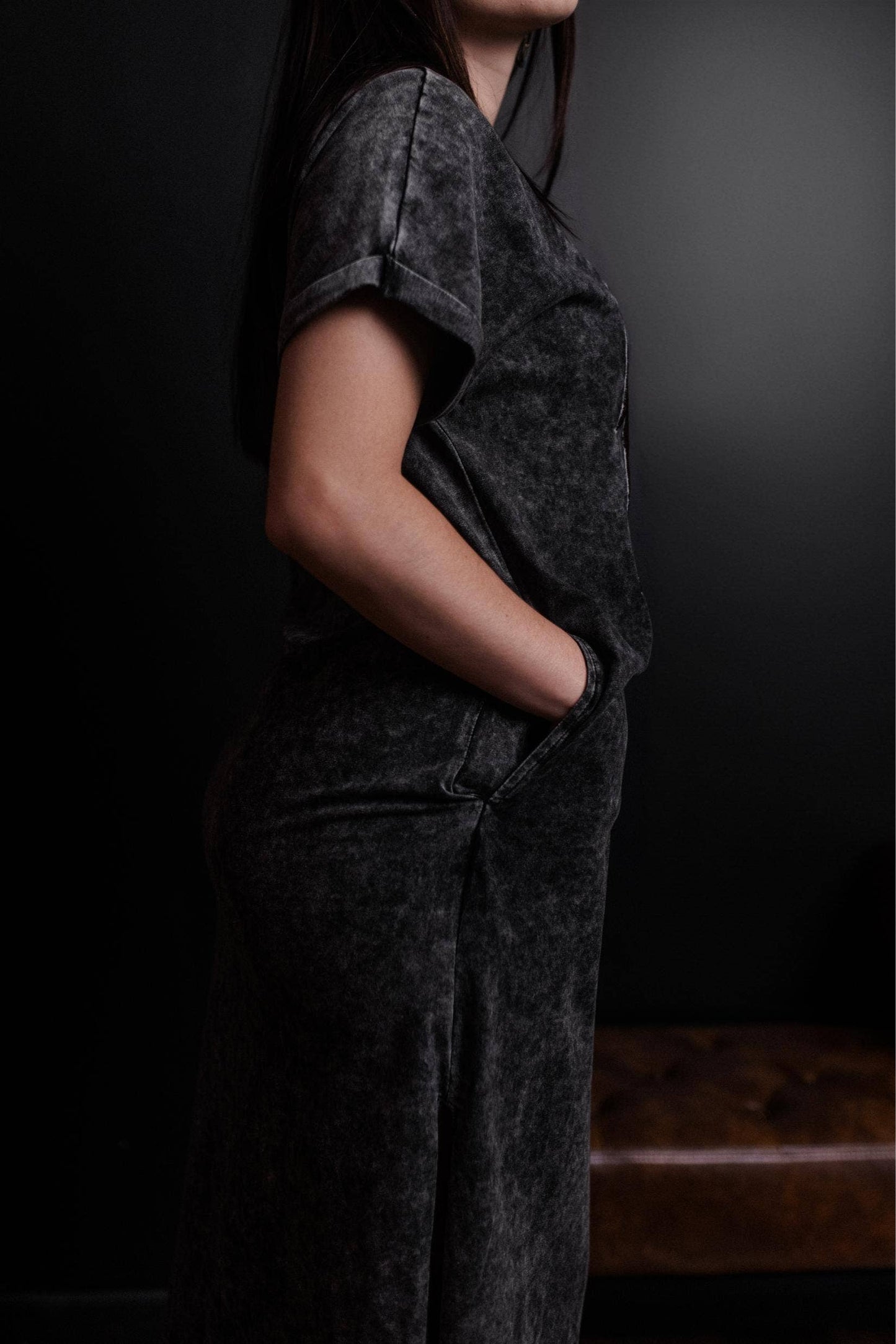 MK417 Horse Therapy Embroidered Acid Washed Dress: Charcoal / L