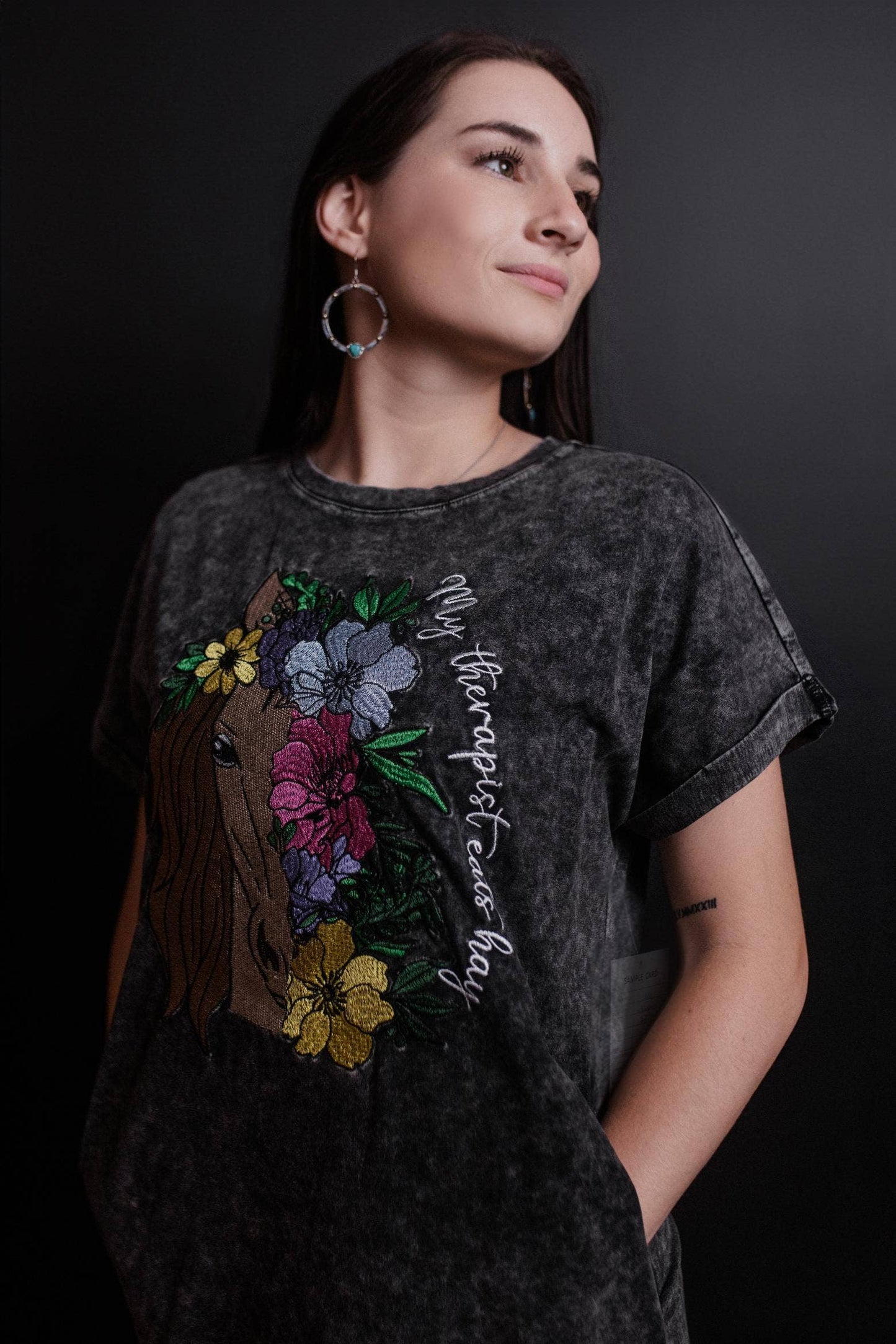 MK417 Horse Therapy Embroidered Acid Washed Dress: Charcoal / M