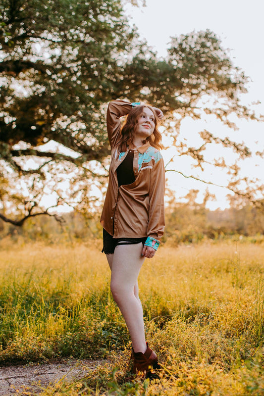 MK435 Cow Head LS Button Up Shirt: Brown / M