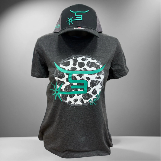Ladies Heather Black Cow Print